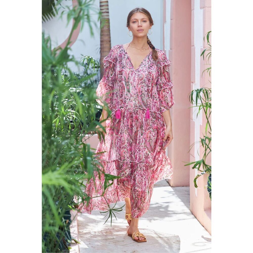 Debbie Katz Mariah Midi Dress Pink Oversized Paisley Chiffon NWOT LARGE‎ $108